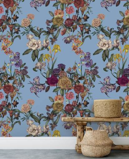 blaues personalisierbares Blumenwandbild namens Blue Flower Garden von Karina Eibatova für Schlafzimmer