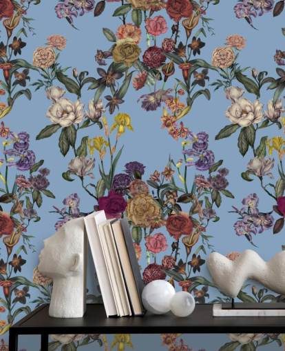 blauwe aanpasbare bloemenmuurschildering genaamd Blue Flower Garden van Karina Eibatova voor slaapkamers blauwe aanpasbare bloemenmuurschildering genaamd Blue Flower Garden van Karina Eibatova voor slaapkamers