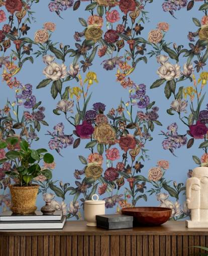 blå anpassningsbar blommig väggmålning kallad Blue Flower Garden av Karina Eibatova för sovrum