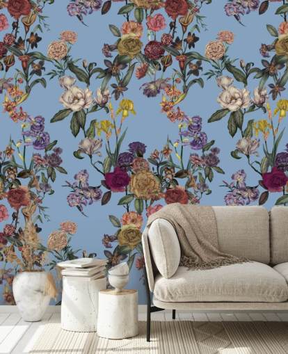 blue customisable floral wall mural called Blue Flower Garden by Karina Eibatova for bedrooms