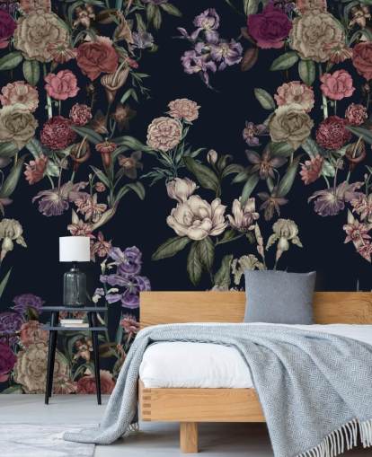 dark blue customisable floral wall mural called Dark Blue Flower Garden by Karina Eibatova