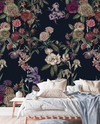 donkerblauwe aanpasbare bloemenmuurschildering genaamd Dark Blue Flower Garden van Karina Eibatova donkerblauwe aanpasbare bloemenmuurschildering genaamd Dark Blue Flower Garden van Karina Eibatova