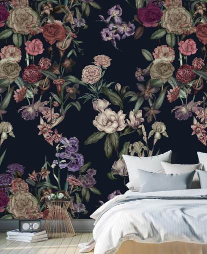 donkerblauwe aanpasbare bloemenmuurschildering genaamd Dark Blue Flower Garden van Karina Eibatova donkerblauwe aanpasbare bloemenmuurschildering genaamd Dark Blue Flower Garden van Karina Eibatova