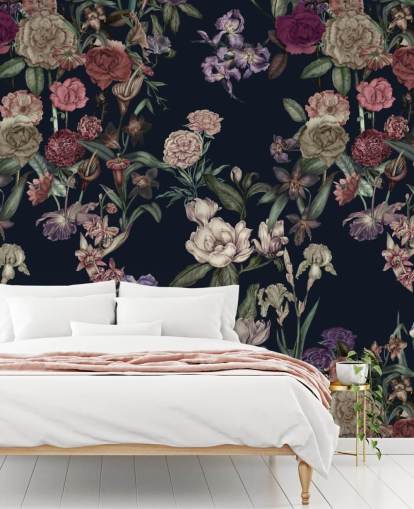 mural de pared floral personalizable azul oscuro llamado Dark Blue Flower Garden de Karina Eibatova