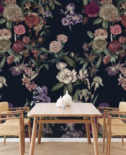 mørkeblå tilpassbar blomsterveggmaleri kalt Dark Blue Flower Garden av Karina Eibatova