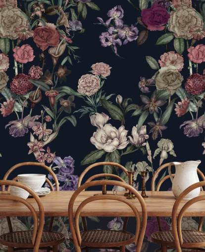 dark blue customizable floral wall mural called Dark Blue Flower Garden by Karina Eibatova
