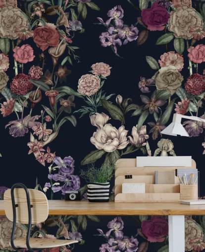 mural de pared floral personalizable azul oscuro llamado Dark Blue Flower Garden de Karina Eibatova