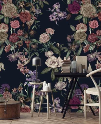 fresque murale florale personnalisable bleu foncé appelée Dark Blue Flower Garden par Karina Eibatova