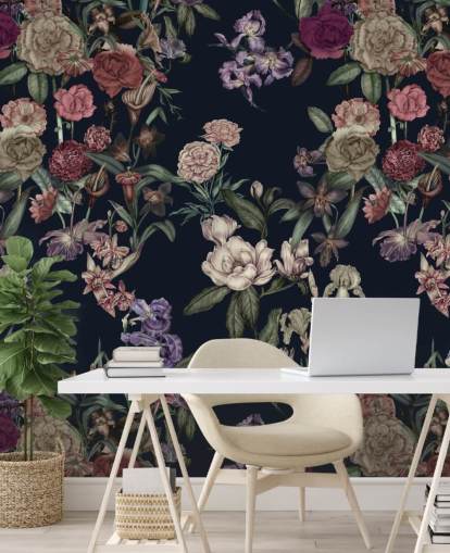 mural de parede floral personalizável em azul escuro chamado Dark Blue Flower Garden de Karina Eibatova