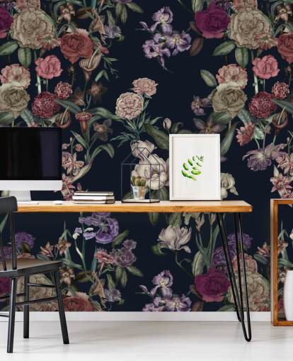 dark blue customizable floral wall mural called Dark Blue Flower Garden by Karina Eibatova