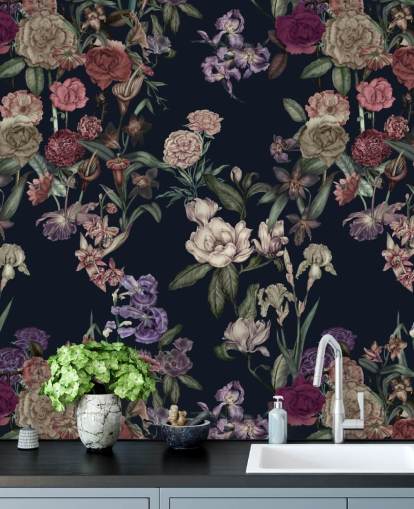 dunkelblaues personalisierbares Blumenwandbild namens Dark Blue Flower Garden von Karina Eibatova