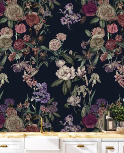 tummansininen muokattava kukka-seinämaalaus nimeltä Dark Blue Flower Garden, kirjoittanut Karina Eibatova