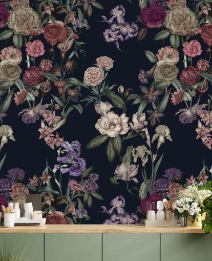 dunkelblaues personalisierbares Blumenwandbild namens Dark Blue Flower Garden von Karina Eibatova dunkelblaues personalisierbares Blumenwandbild namens Dark Blue Flower Garden von Karina Eibatova