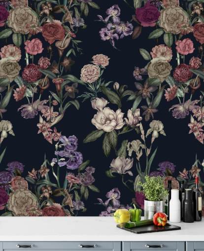 fresque murale florale personnalisable bleu foncé appelée Dark Blue Flower Garden par Karina Eibatova