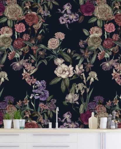 dunkelblaues personalisierbares Blumenwandbild namens Dark Blue Flower Garden von Karina Eibatova