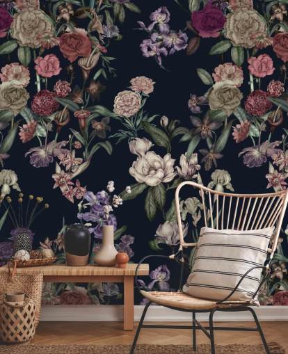 mural de pared floral personalizable azul oscuro llamado Dark Blue Flower Garden de Karina Eibatova