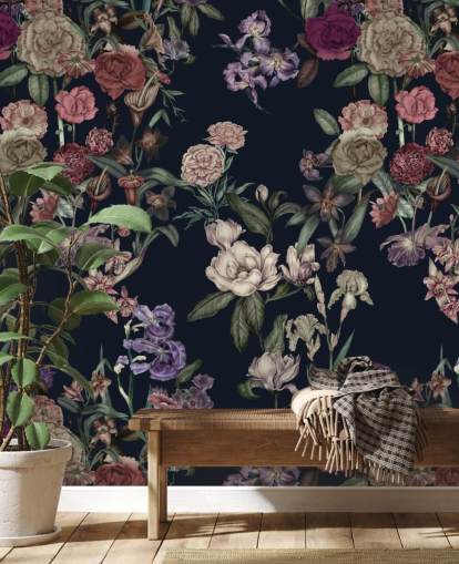 mörkblå anpassningsbar blommig väggmålning kallad Dark Blue Flower Garden av Karina Eibatova