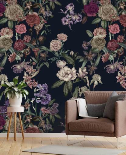 murale floreale personalizzabile blu scuro chiamato Dark Blue Flower Garden di Karina Eibatova