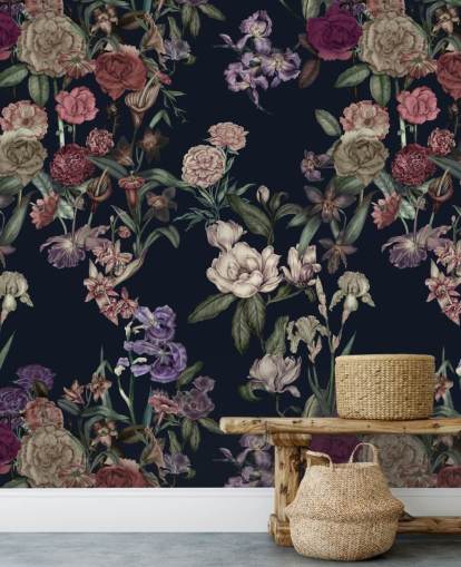 mørkeblå tilpassbar blomsterveggmaleri kalt Dark Blue Flower Garden av Karina Eibatova mørkeblå tilpassbar blomsterveggmaleri kalt Dark Blue Flower Garden av Karina Eibatova