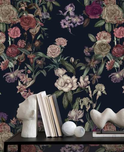 fresque murale florale personnalisable bleu foncé appelée Dark Blue Flower Garden par Karina Eibatova