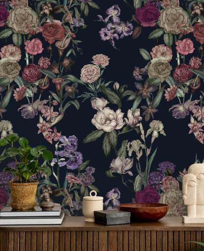 fresque murale florale personnalisable bleu foncé appelée Dark Blue Flower Garden par Karina Eibatova