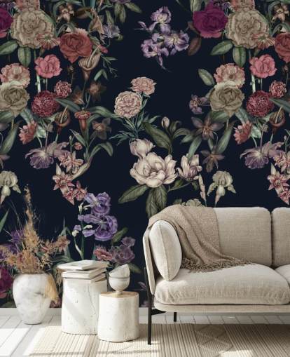 mural de pared floral personalizable azul oscuro llamado Dark Blue Flower Garden de Karina Eibatova