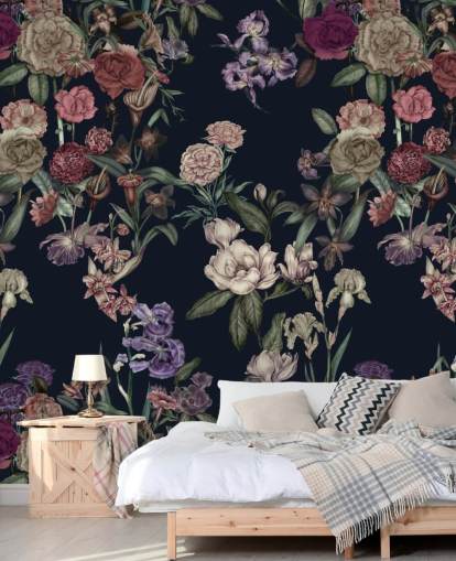 tummansininen muokattava kukka-seinämaalaus nimeltä Dark Blue Flower Garden, kirjoittanut Karina Eibatova