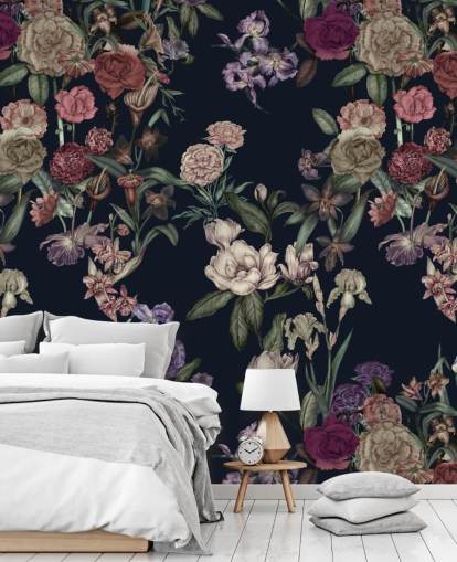mural de parede floral personalizável em azul escuro chamado Dark Blue Flower Garden de Karina Eibatova