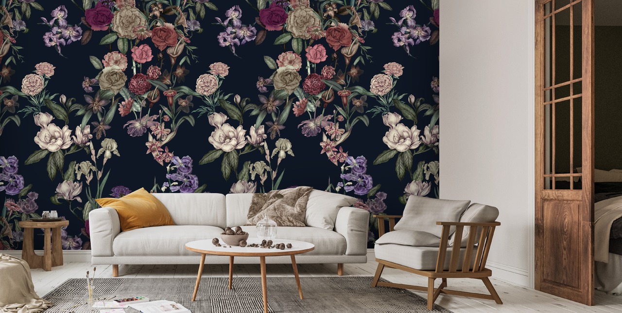 Décoration murale de jardin fleuri bleu foncé | Wallsauce FR