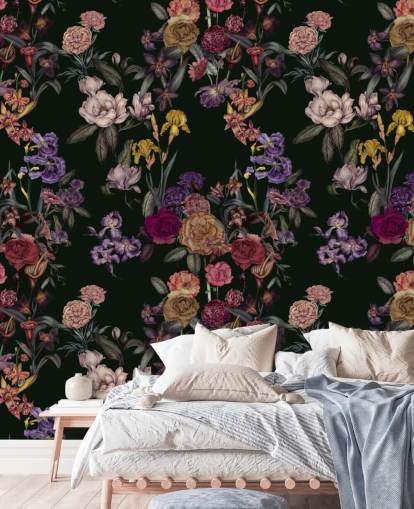 dark green customizable floral wall mural called Dark Green Flower Garden by Karina Eibatova