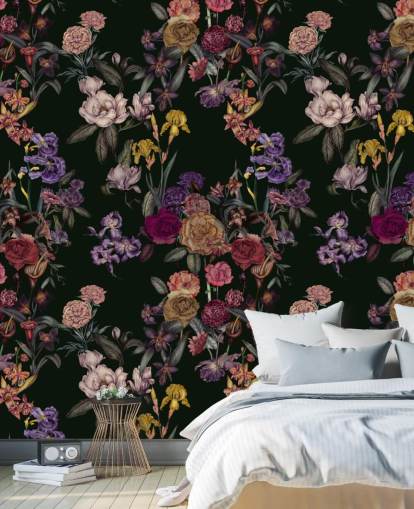 mural de pared floral personalizable de color verde oscuro llamado Dark Green Flower Garden de Karina Eibatova