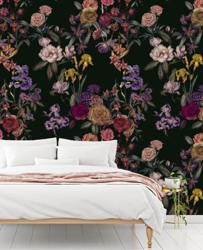 mural de pared floral personalizable de color verde oscuro llamado Dark Green Flower Garden de Karina Eibatova