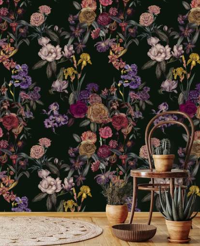 mural de parede floral personalizável verde escuro chamado Dark Green Flower Garden de Karina Eibatova