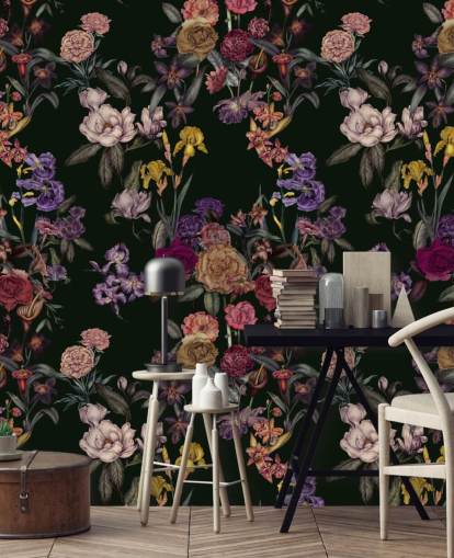 dark green customisable floral wall mural called Dark Green Flower Garden by Karina Eibatova