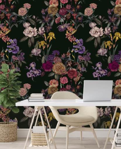 dark green customizable floral wall mural called Dark Green Flower Garden by Karina Eibatova