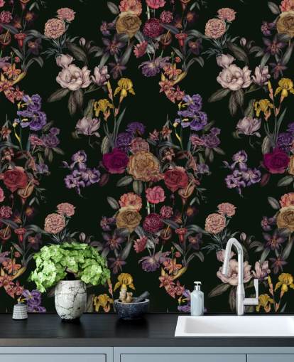 mural de parede floral personalizável verde escuro chamado Dark Green Flower Garden de Karina Eibatova