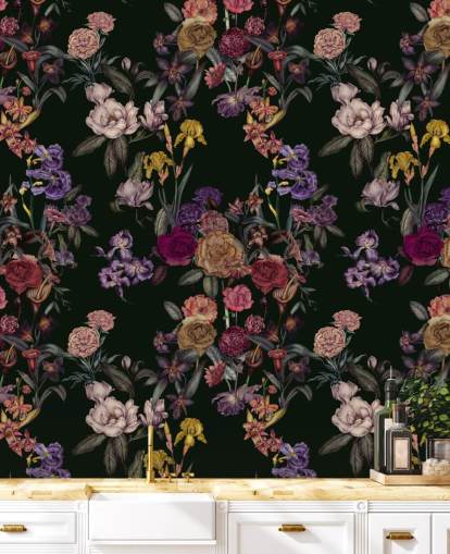 murale floreale personalizzabile verde scuro chiamato Dark Green Flower Garden di Karina Eibatova