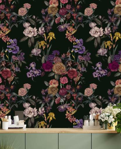 dunkelgrünes personalisierbares Blumenwandbild namens Dark Green Flower Garden von Karina Eibatova