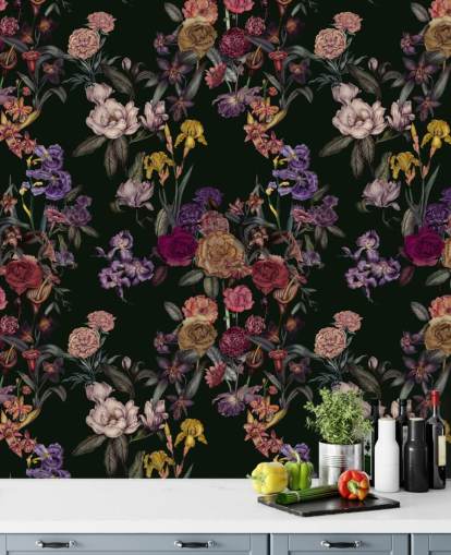 mural de parede floral personalizável verde escuro chamado Dark Green Flower Garden de Karina Eibatova