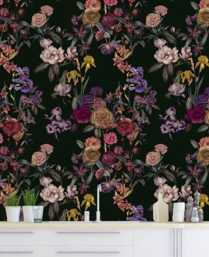 dunkelgrünes personalisierbares Blumenwandbild namens Dark Green Flower Garden von Karina Eibatova