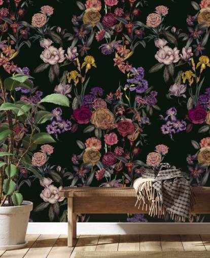 dark green customisable floral wall mural called Dark Green Flower Garden by Karina Eibatova