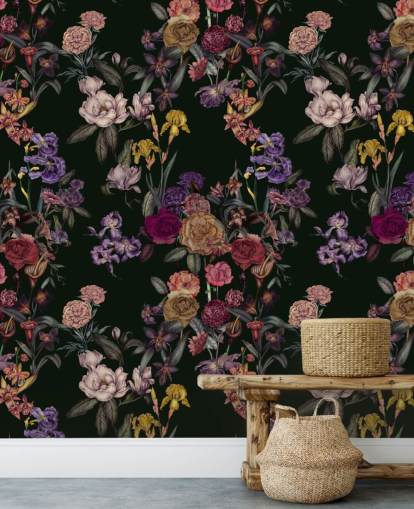 dark green customisable floral wall mural called Dark Green Flower Garden by Karina Eibatova