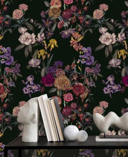 donkergroene aanpasbare bloemenmuurschildering genaamd Dark Green Flower Garden van Karina Eibatova