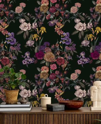 mural de pared floral personalizable de color verde oscuro llamado Dark Green Flower Garden de Karina Eibatova
