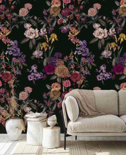 dark green customizable floral wall mural called Dark Green Flower Garden by Karina Eibatova