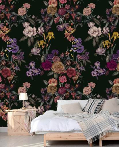 fresque murale florale personnalisable vert foncé appelée Dark Green Flower Garden par Karina Eibatova