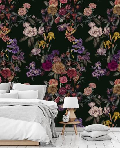 dark green customisable floral wall mural called Dark Green Flower Garden by Karina Eibatova