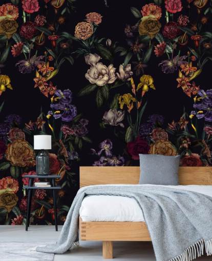 lilla brugerdefineret blomstervægmaleri kaldet Dark Purple Flower Garden af Karina Eibatova