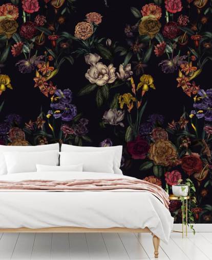 lilla tilpasset blomsterveggmaleri kalt Dark Purple Flower Garden av Karina Eibatova lilla tilpasset blomsterveggmaleri kalt Dark Purple Flower Garden av Karina Eibatova