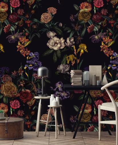 lila anpassad blommig väggmålning som heter Dark Purple Flower Garden av Karina Eibatova lila anpassad blommig väggmålning som heter Dark Purple Flower Garden av Karina Eibatova